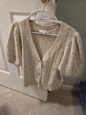 LOFT Cream Cable-Knit Short Sleeve Cardigan